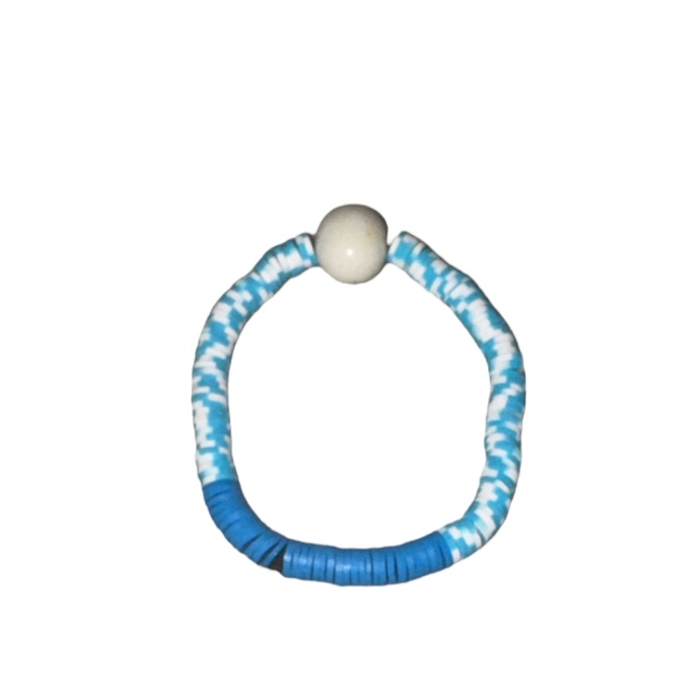 3 FOR $10 HANDCRAFTED Blue & White Clay Beaded Bracelet W/ Oval Dome Bead